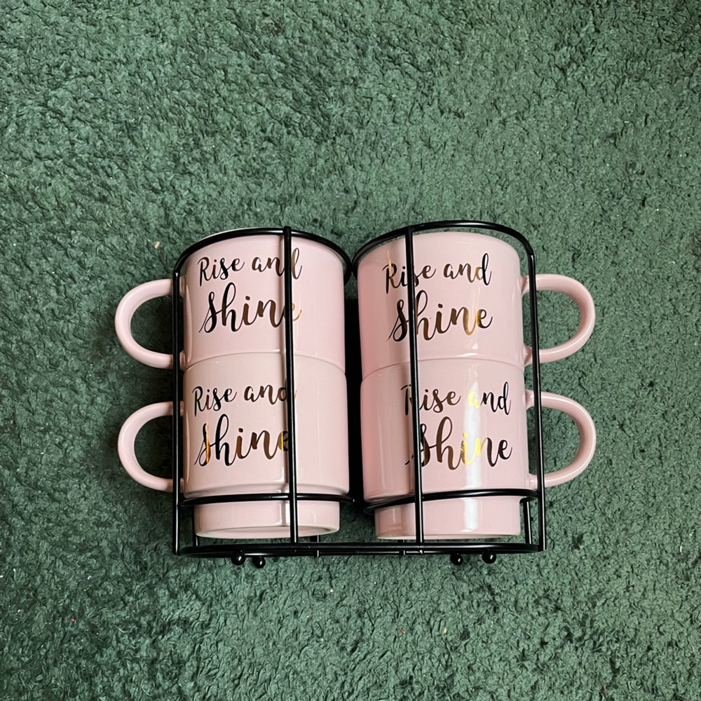 Pink Ceramic Mug Set with Stand